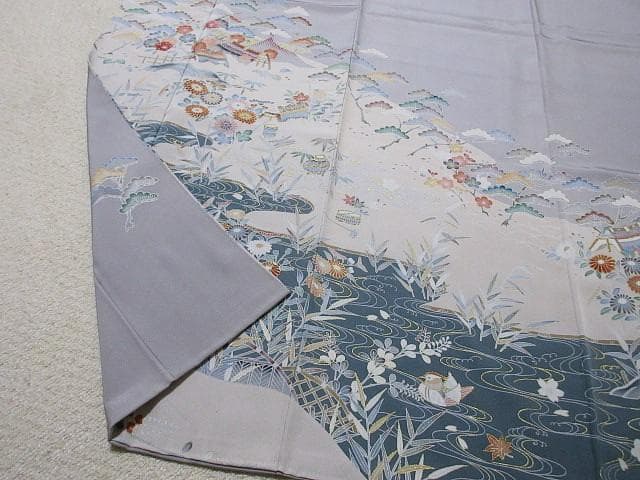 訪問着：美品-花と水流とオシドリと民家：高級品グレー：袷正絹：N88