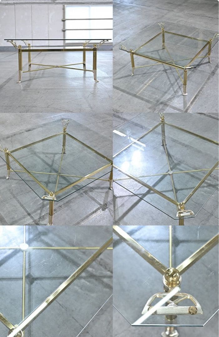 ★アンティーク調 ガラステーブル 真鍮 クローム脚 スクエア ロー コーヒー