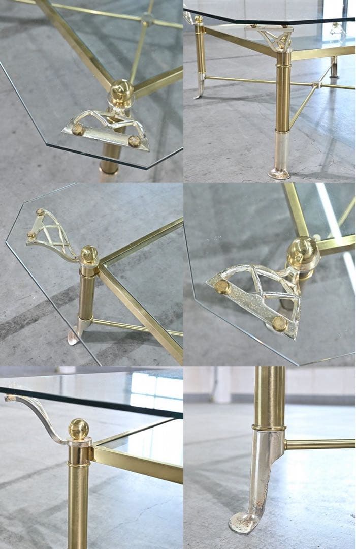 ★アンティーク調 ガラステーブル 真鍮 クローム脚 スクエア ロー コーヒー
