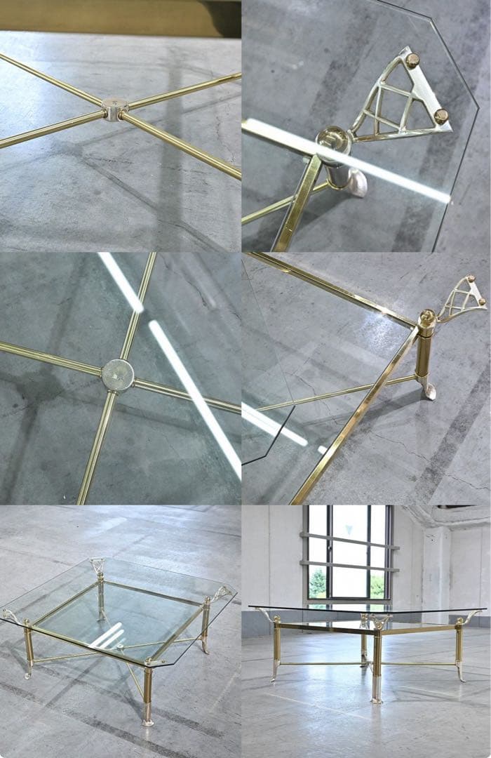 ★アンティーク調 ガラステーブル 真鍮 クローム脚 スクエア ロー コーヒー