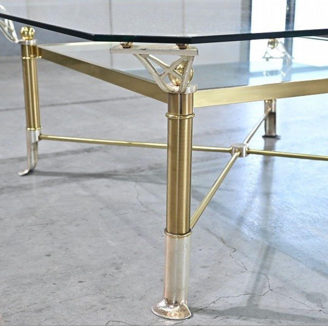 ★アンティーク調 ガラステーブル 真鍮 クローム脚 スクエア ロー コーヒー