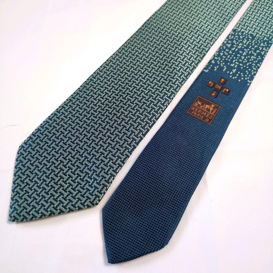 【美品】エルメス ネクタイ ネイビー・グリーン H柄 ジャガード【フランス製】
