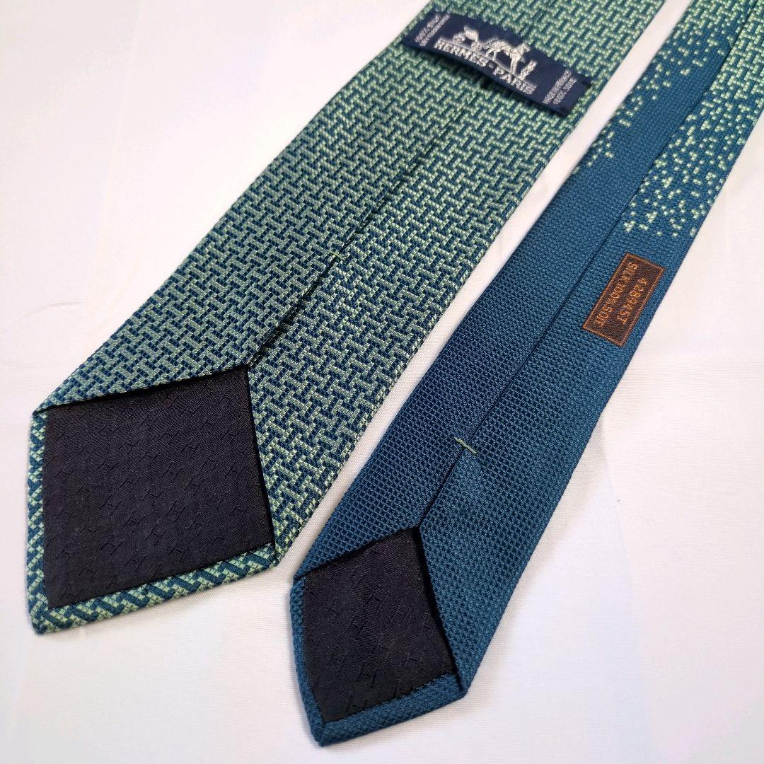 【美品】エルメス ネクタイ ネイビー・グリーン H柄 ジャガード【フランス製】