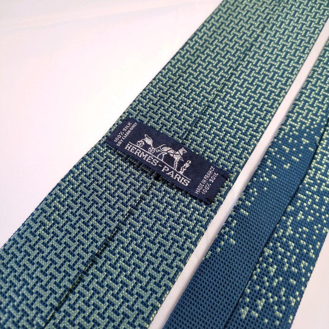 【美品】エルメス ネクタイ ネイビー・グリーン H柄 ジャガード【フランス製】