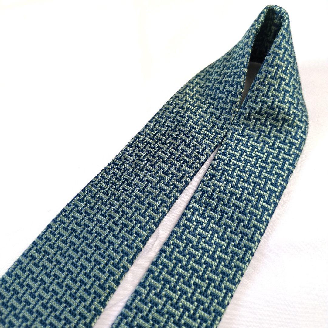 【美品】エルメス ネクタイ ネイビー・グリーン H柄 ジャガード【フランス製】