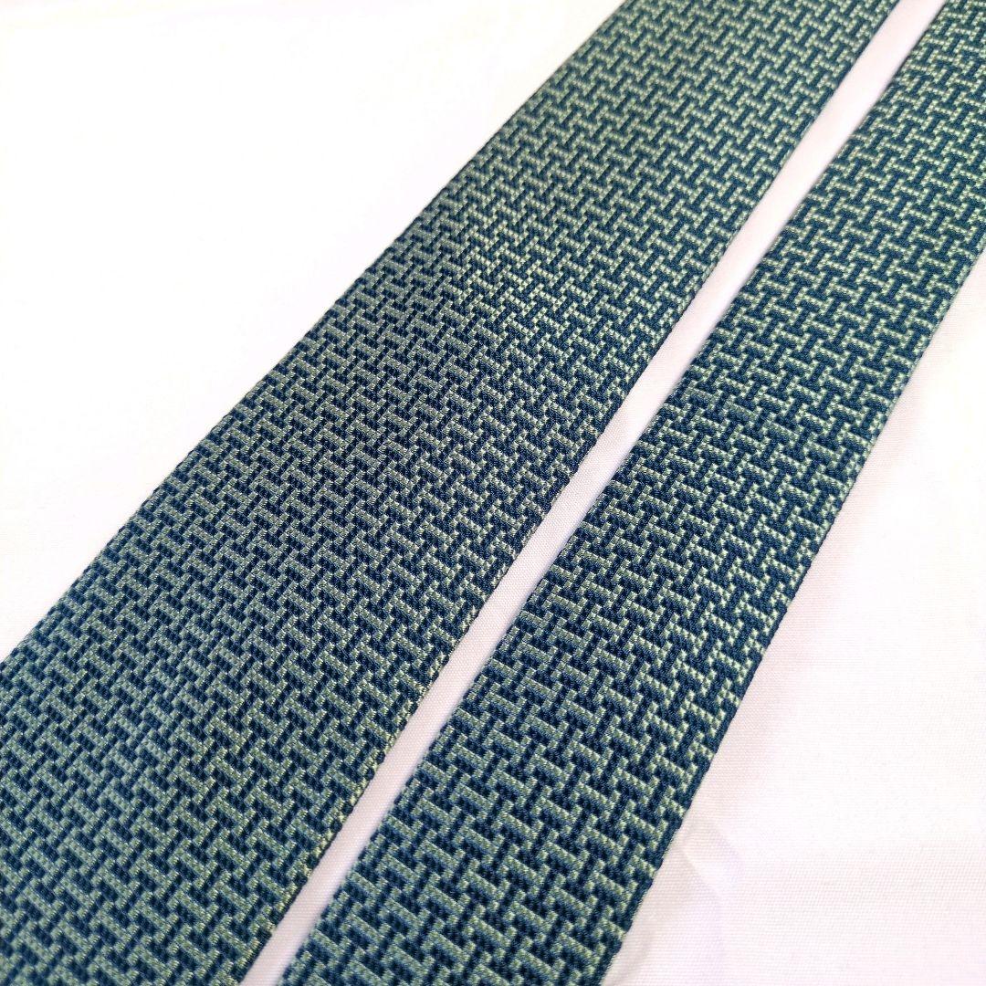【美品】エルメス ネクタイ ネイビー・グリーン H柄 ジャガード【フランス製】