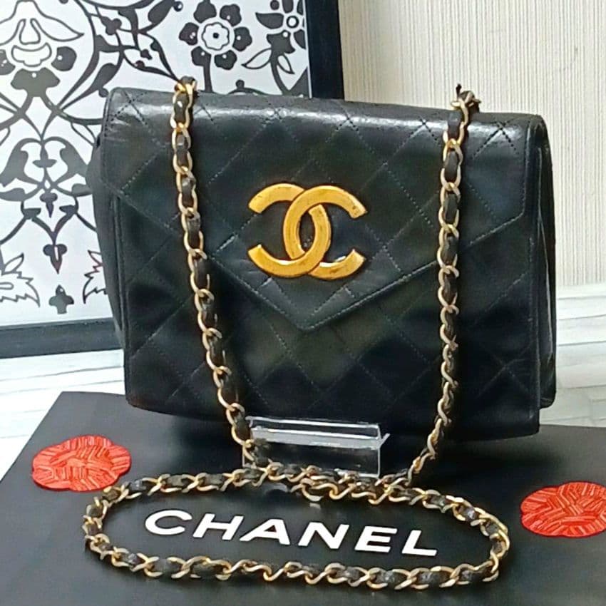 【デカココ】シャネル　チェーンショルダー　マトラッセ　ラムスキン　ブラック　黒