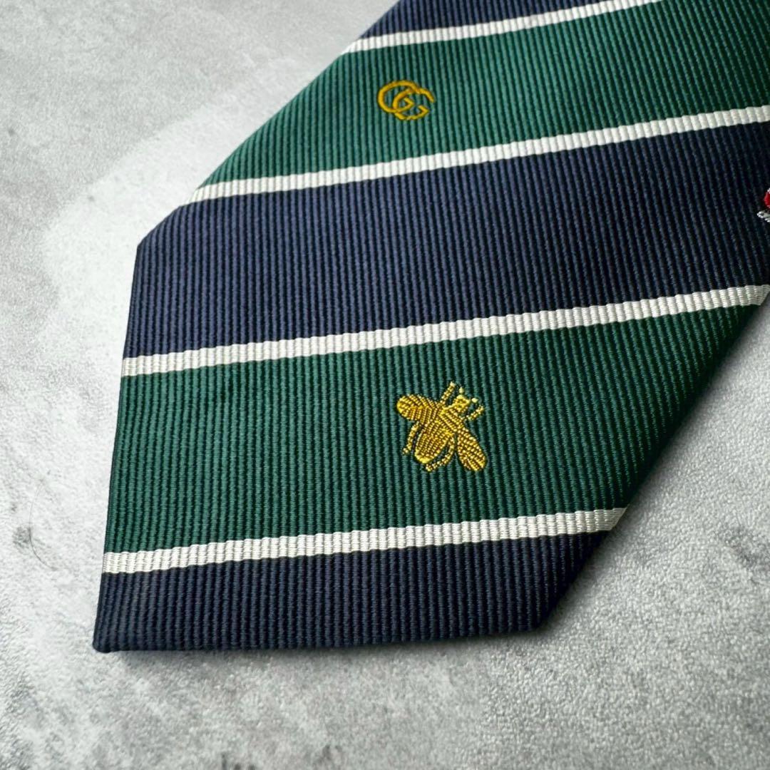 美品 GUCCI ジャガード マーモント BEE 蛇 ストライプ ネクタイ 紺緑