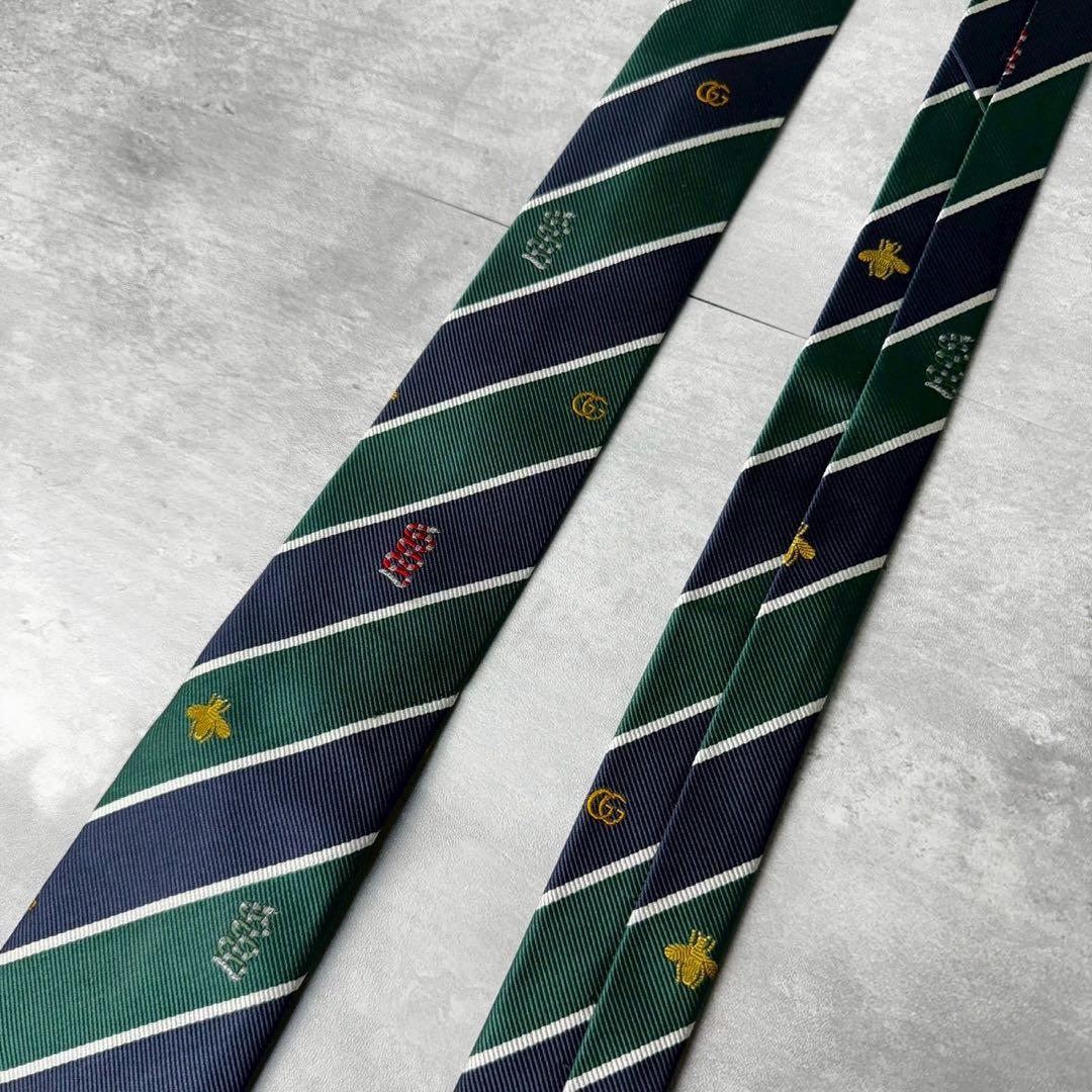 美品 GUCCI ジャガード マーモント BEE 蛇 ストライプ ネクタイ 紺緑