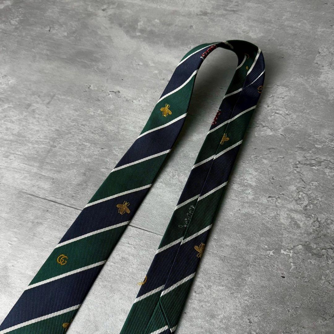 美品 GUCCI ジャガード マーモント BEE 蛇 ストライプ ネクタイ 紺緑