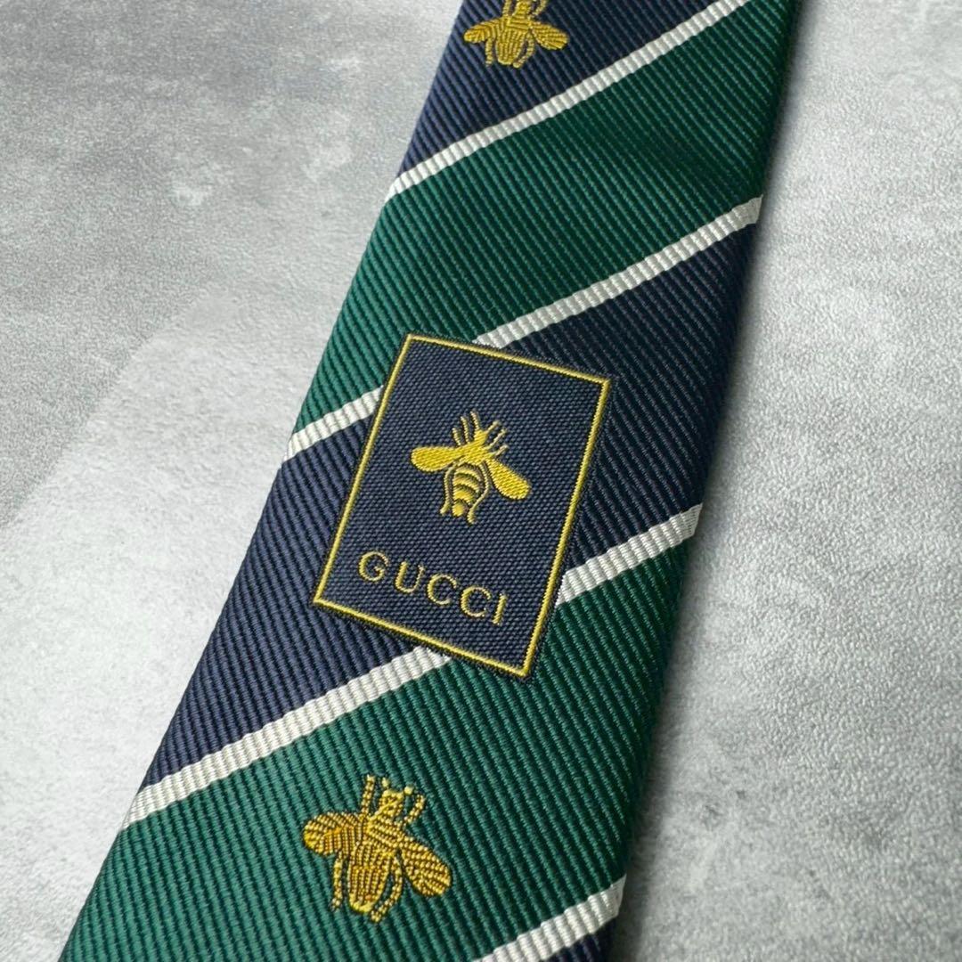美品 GUCCI ジャガード マーモント BEE 蛇 ストライプ ネクタイ 紺緑