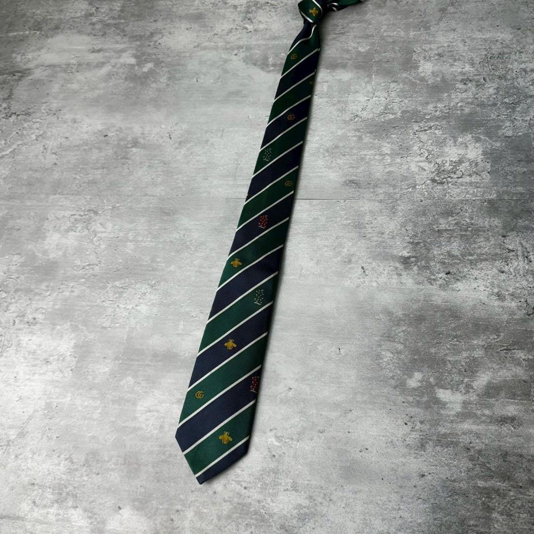 美品 GUCCI ジャガード マーモント BEE 蛇 ストライプ ネクタイ 紺緑