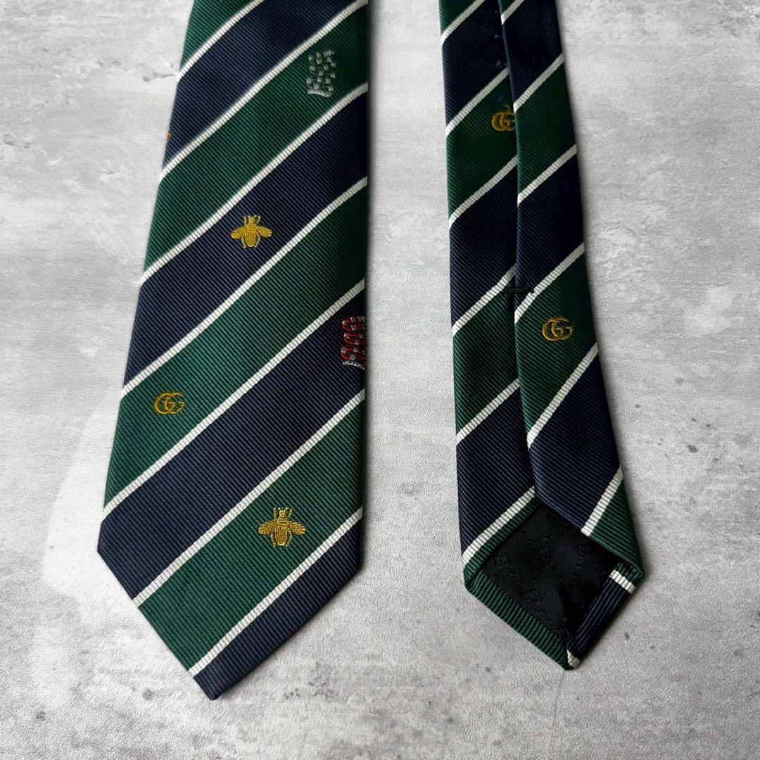 美品 GUCCI ジャガード マーモント BEE 蛇 ストライプ ネクタイ 紺緑