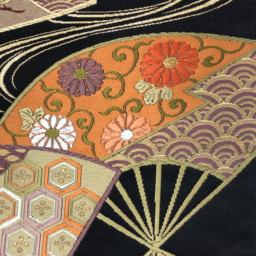 袋帯 流水 扇面 亀甲 七宝 花模様 黒色 金糸 O-5228