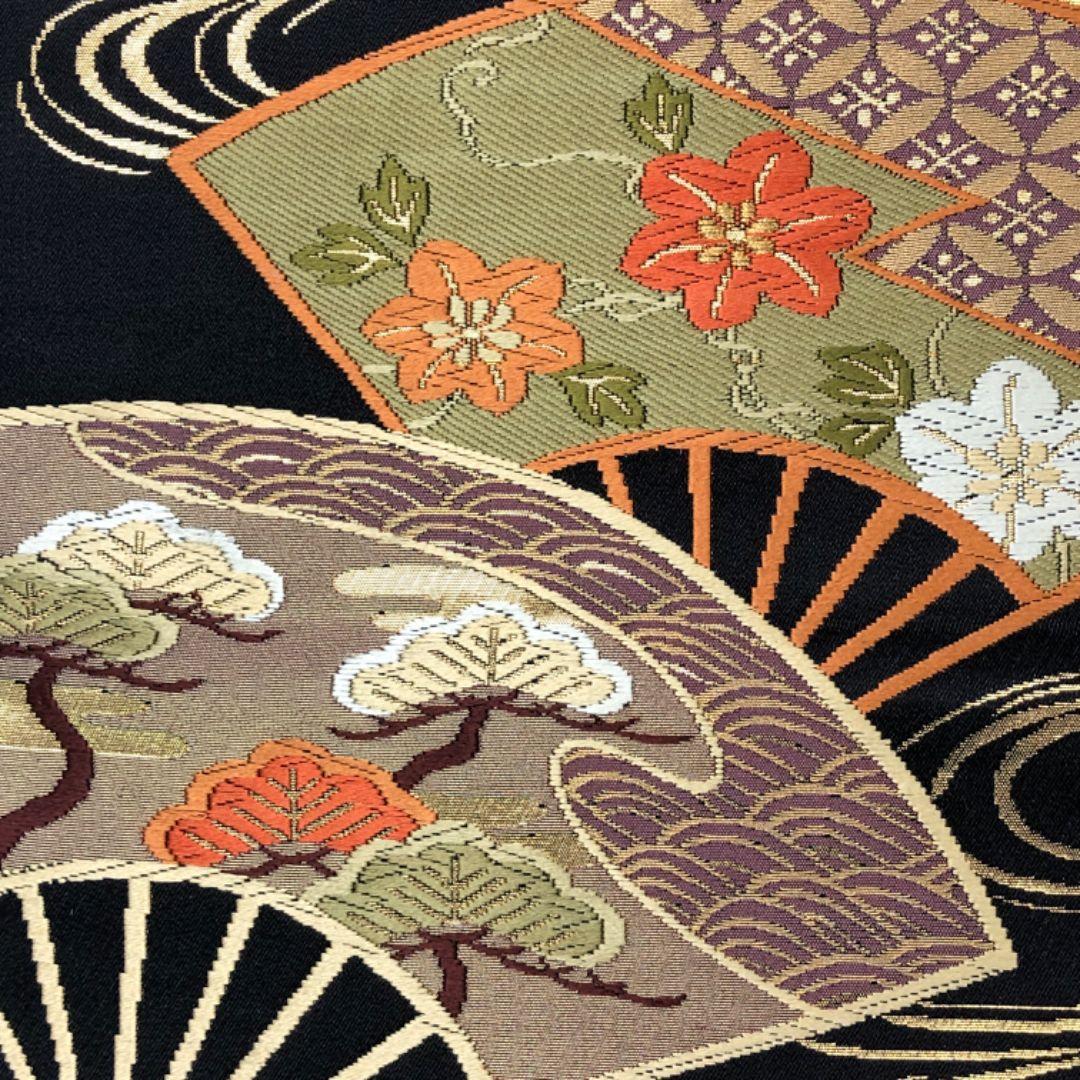 袋帯 流水 扇面 亀甲 七宝 花模様 黒色 金糸 O-5228