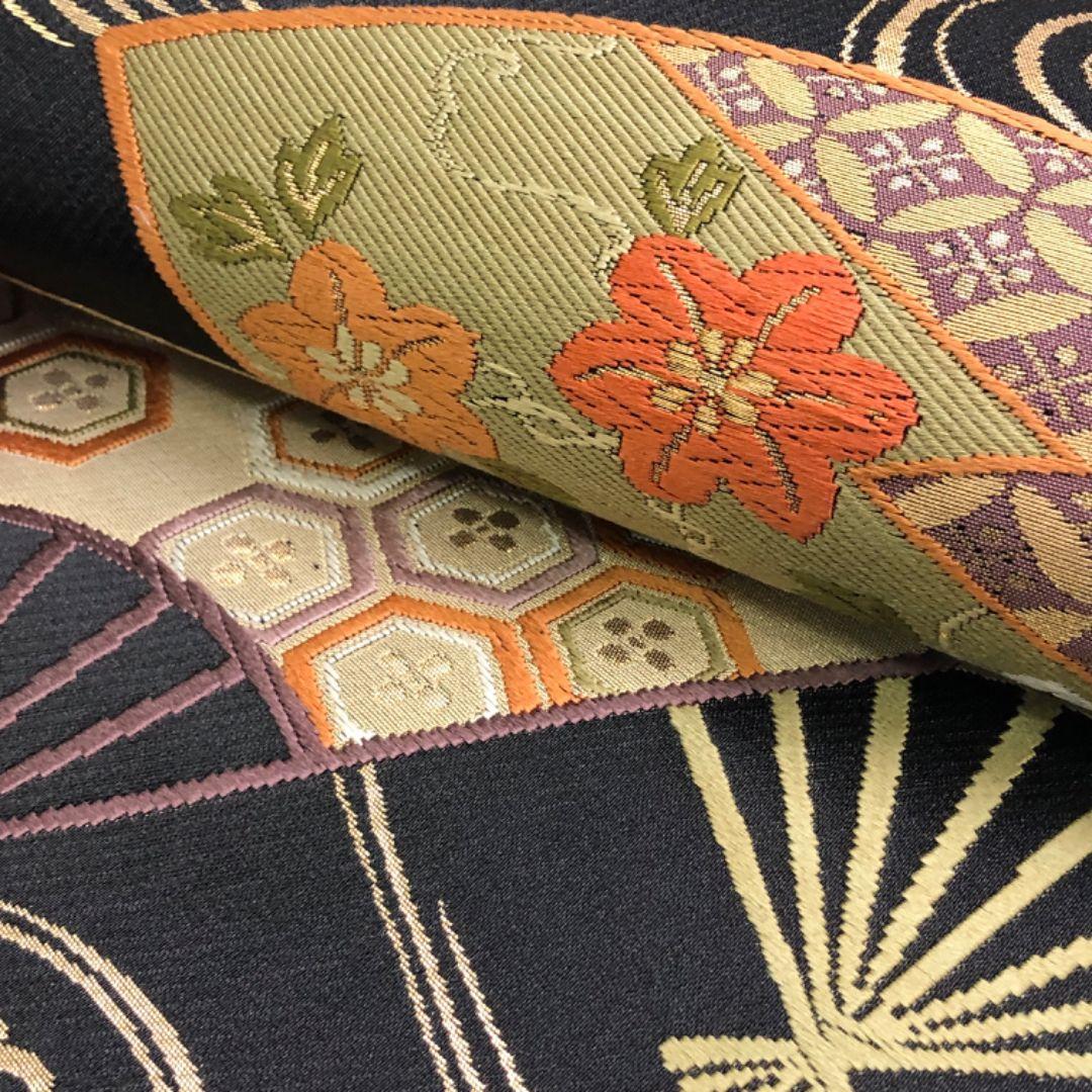 袋帯 流水 扇面 亀甲 七宝 花模様 黒色 金糸 O-5228