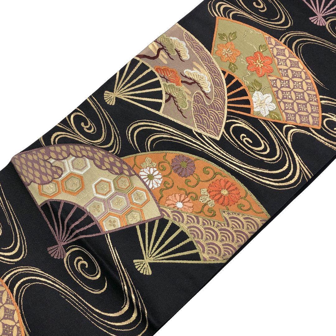 袋帯 流水 扇面 亀甲 七宝 花模様 黒色 金糸 O-5228