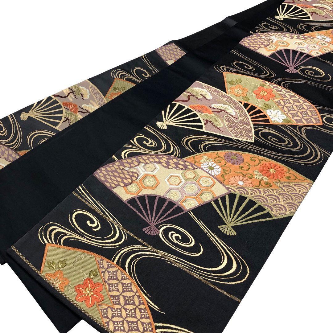 袋帯 流水 扇面 亀甲 七宝 花模様 黒色 金糸 O-5228