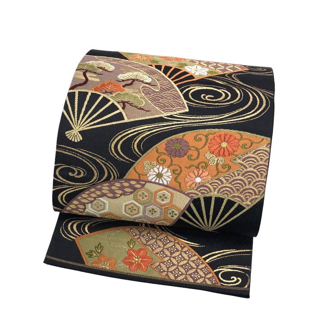 袋帯 流水 扇面 亀甲 七宝 花模様 黒色 金糸 O-5228