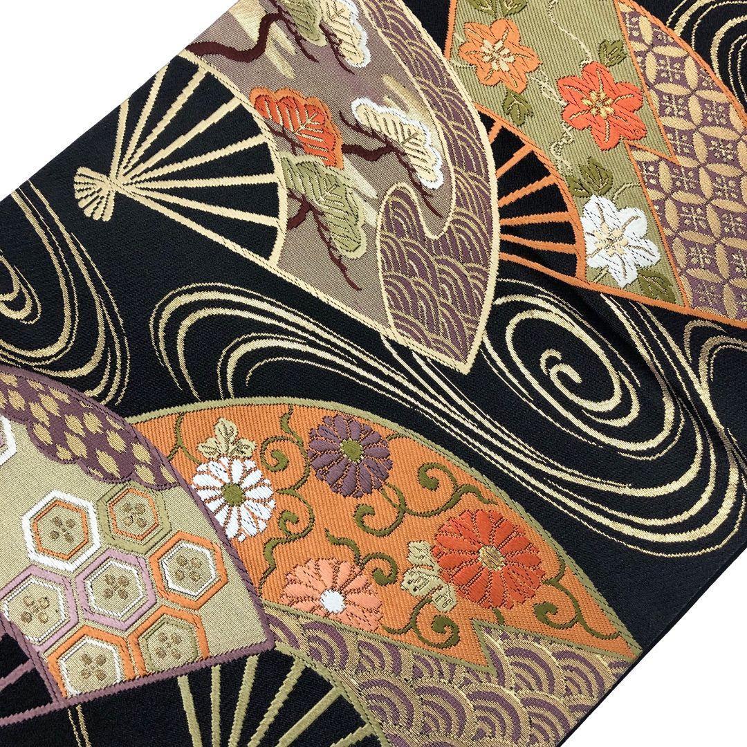 袋帯 流水 扇面 亀甲 七宝 花模様 黒色 金糸 O-5228