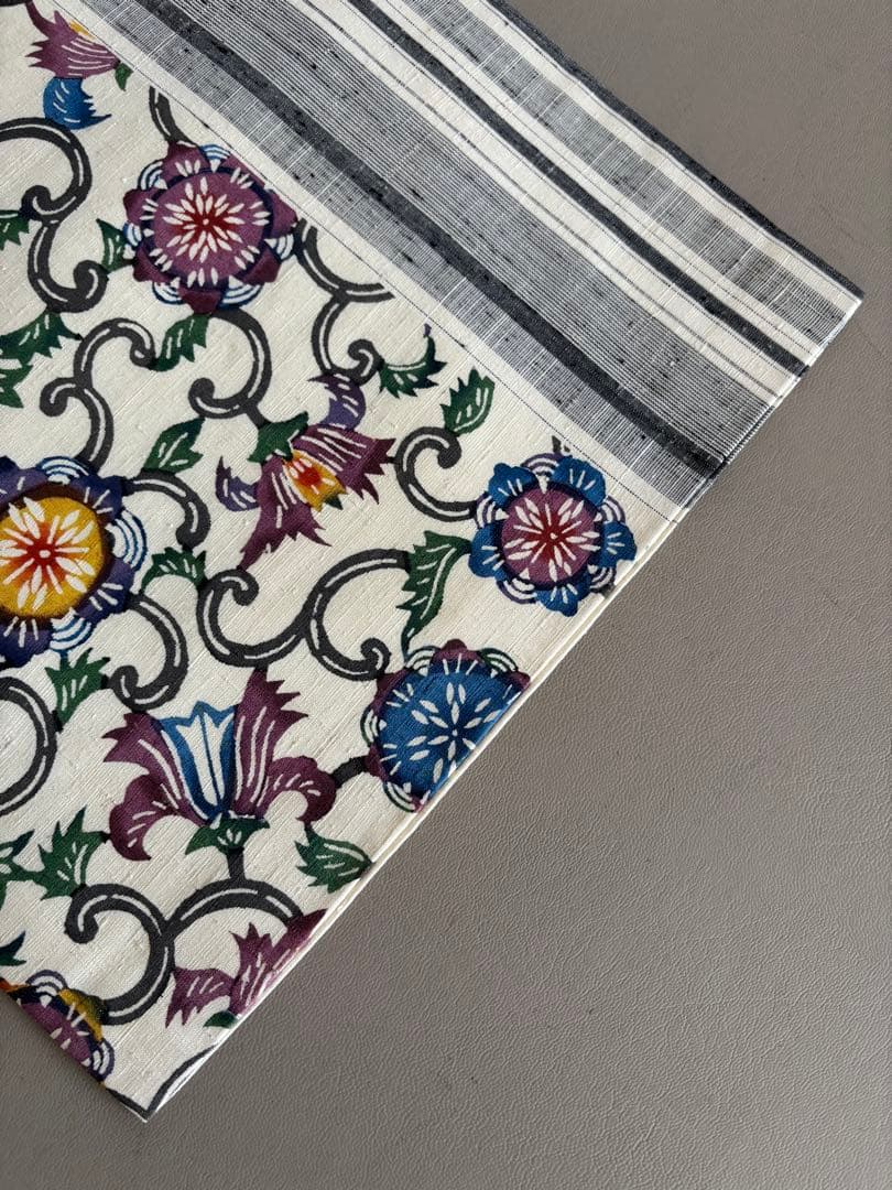 【期間限定出品】型染×縦縞絣 真綿紬 正絹 九寸名古屋帯 アイボリー