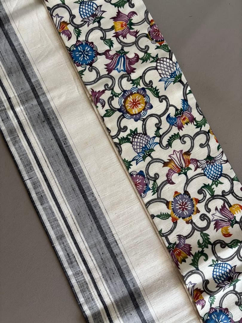 【期間限定出品】型染×縦縞絣 真綿紬 正絹 九寸名古屋帯 アイボリー