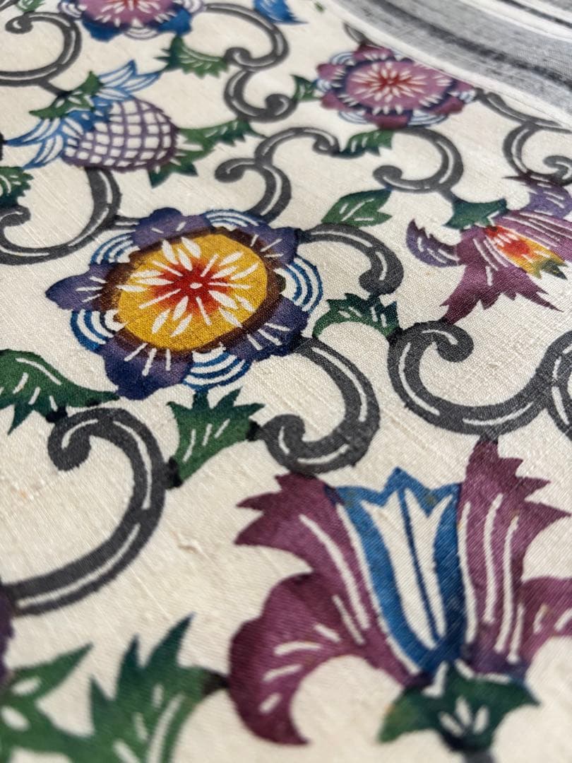 【期間限定出品】型染×縦縞絣 真綿紬 正絹 九寸名古屋帯 アイボリー