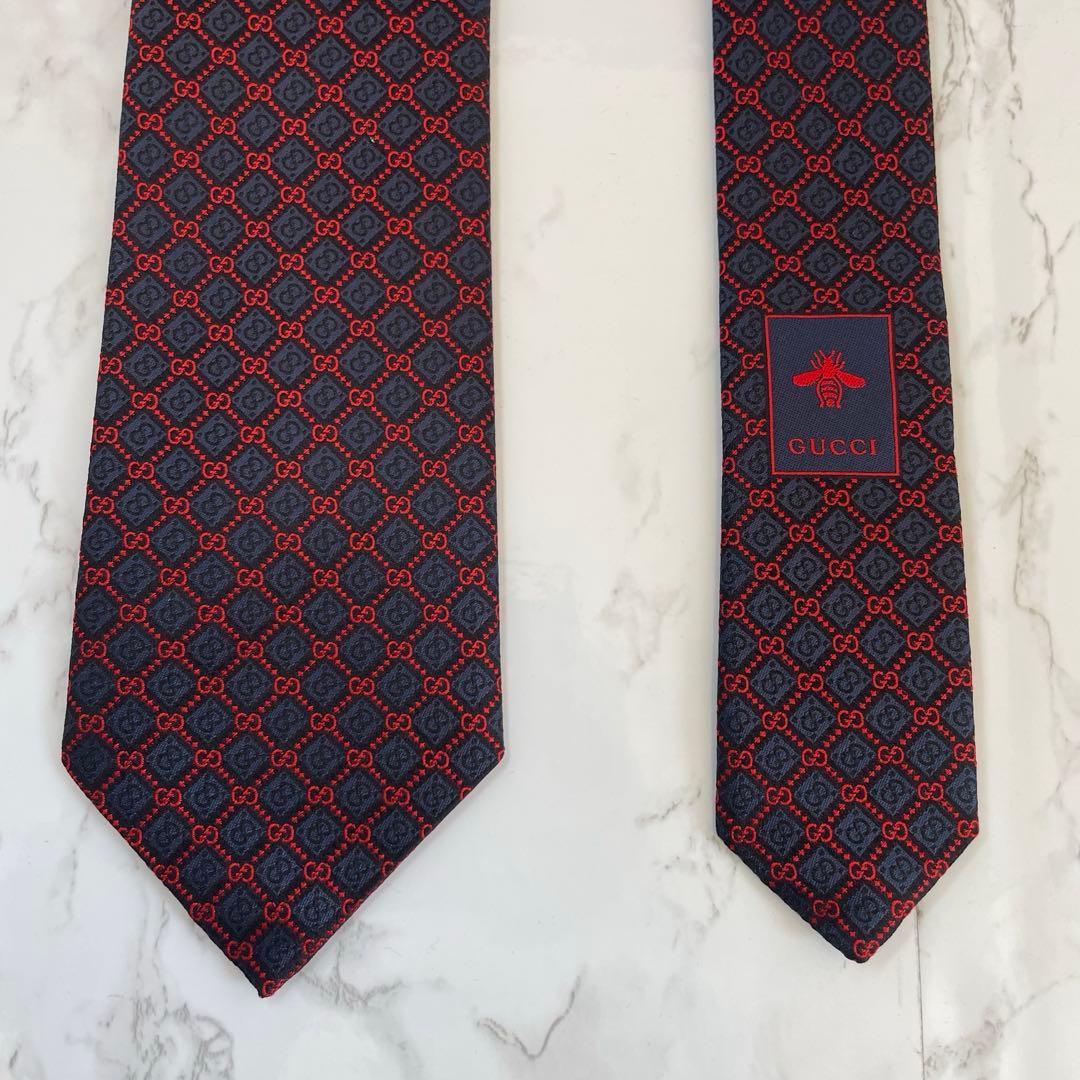 【新品未使用】GUCCI GG柄ネイビー レッド ネクタイ 箱付