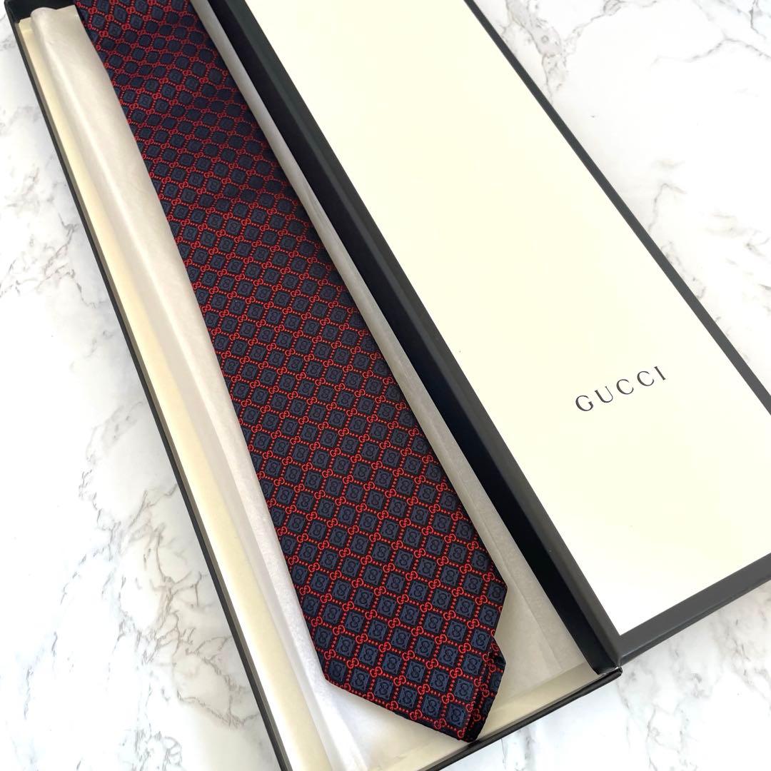 【新品未使用】GUCCI GG柄ネイビー レッド ネクタイ 箱付