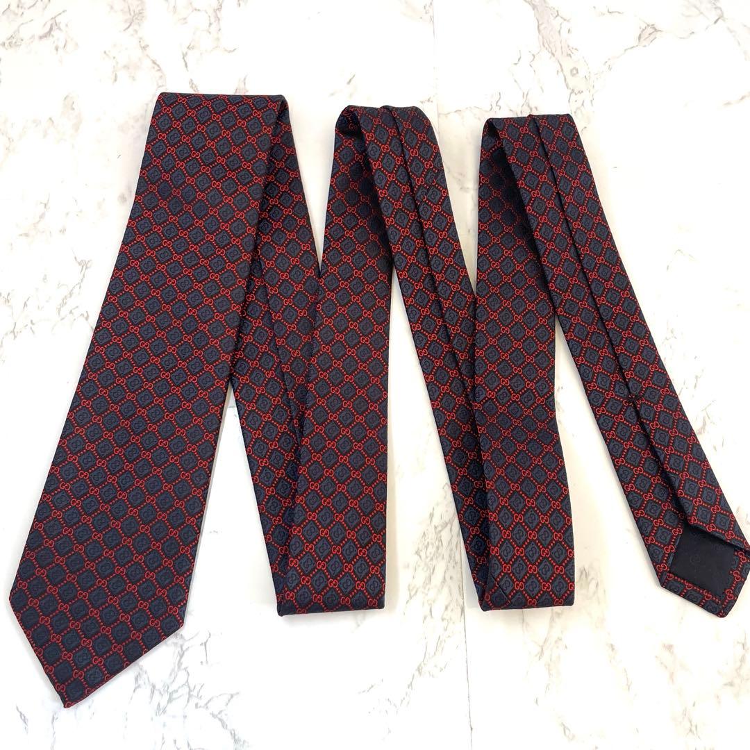 【新品未使用】GUCCI GG柄ネイビー レッド ネクタイ 箱付