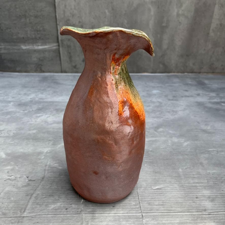 【備前焼】矢部篤郎 1点モノ 希少 花瓶 一輪挿しオレンジ 緑 陶芸品 陶器