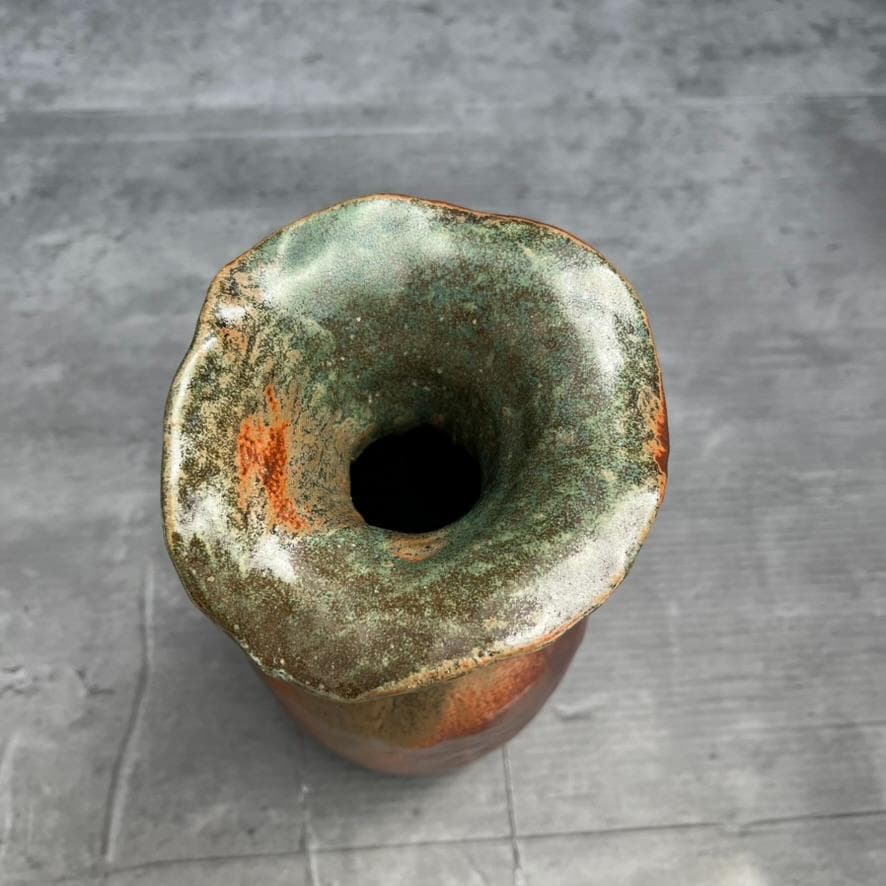 【備前焼】矢部篤郎 1点モノ 希少 花瓶 一輪挿しオレンジ 緑 陶芸品 陶器