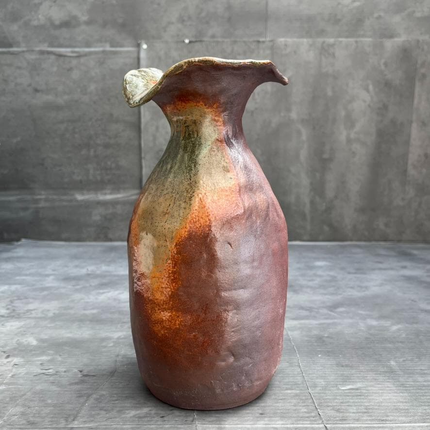 【備前焼】矢部篤郎 1点モノ 希少 花瓶 一輪挿しオレンジ 緑 陶芸品 陶器