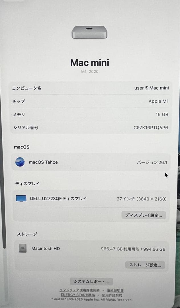 Macデスクトップ Apple Mac mini M1 16GB 1TB
