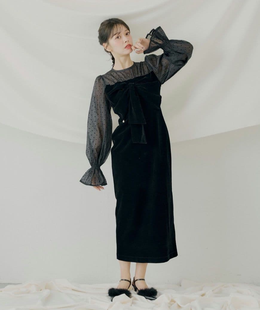 【SALON by Chico】配色シアーリボンベロアワンピース/オケージョン