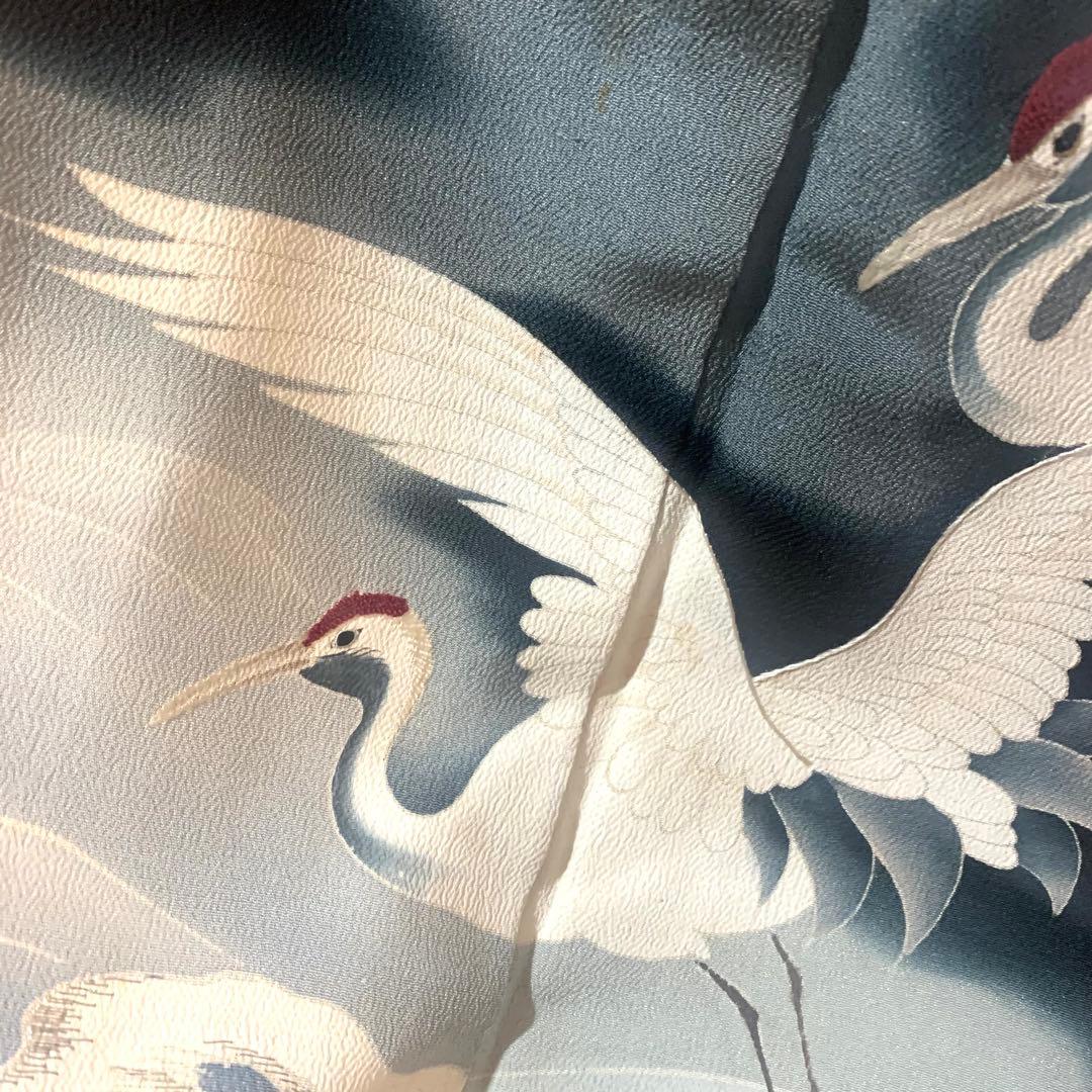 A70⭐️アンティーク着物　大正ロマン　黒留袖　鶴　5つ紋　縮緬　錦紗　逸品