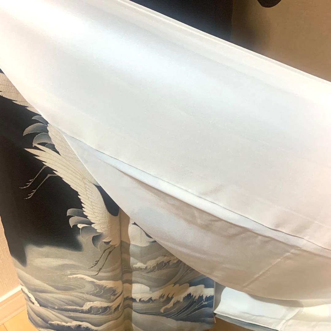 A70⭐️アンティーク着物　大正ロマン　黒留袖　鶴　5つ紋　縮緬　錦紗　逸品