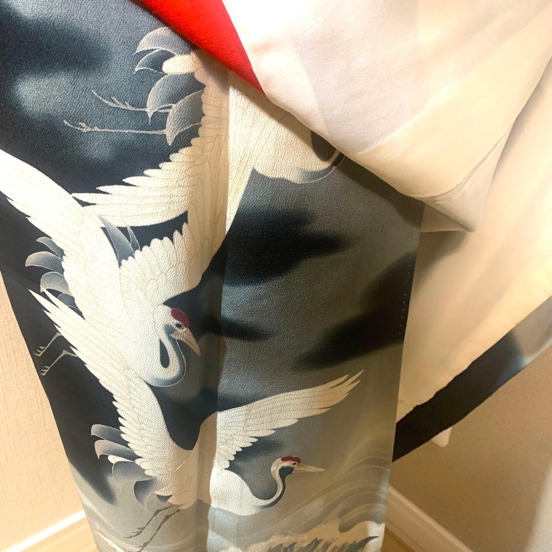 A70⭐️アンティーク着物　大正ロマン　黒留袖　鶴　5つ紋　縮緬　錦紗　逸品