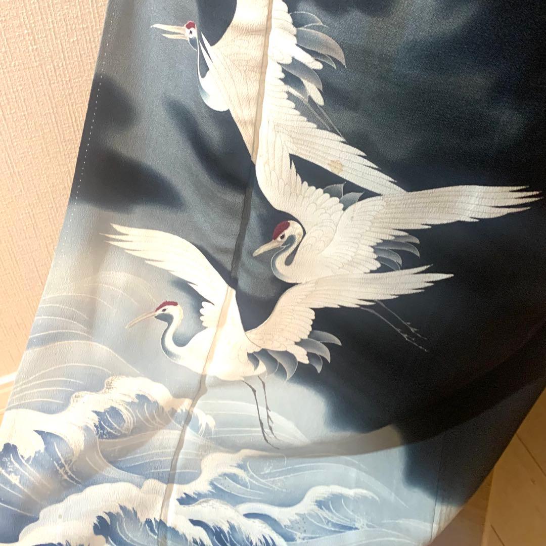 A70⭐️アンティーク着物　大正ロマン　黒留袖　鶴　5つ紋　縮緬　錦紗　逸品