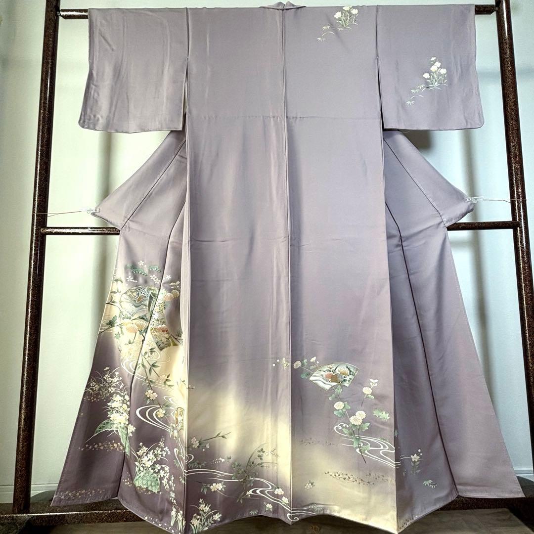 しつけ付　訪問着　広襟　正絹　袷　着物　現代　藤色　紫　薄紫　金彩　158裄64