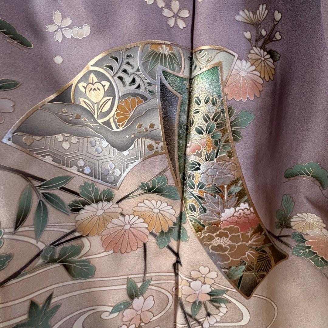 しつけ付　訪問着　広襟　正絹　袷　着物　現代　藤色　紫　薄紫　金彩　158裄64