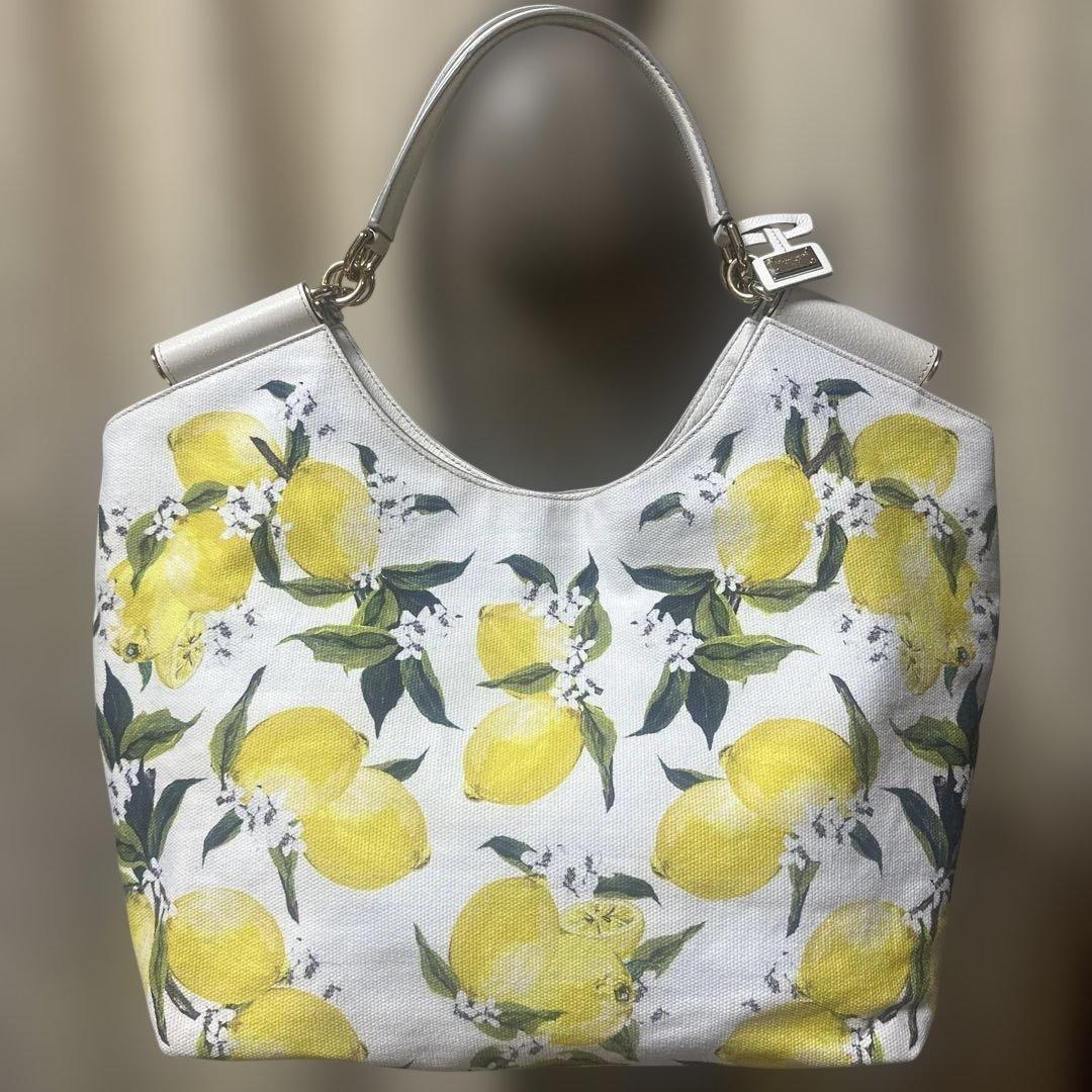 DOLGE＆GABBANAホワイトレモンプリントキャンバストートバッグ