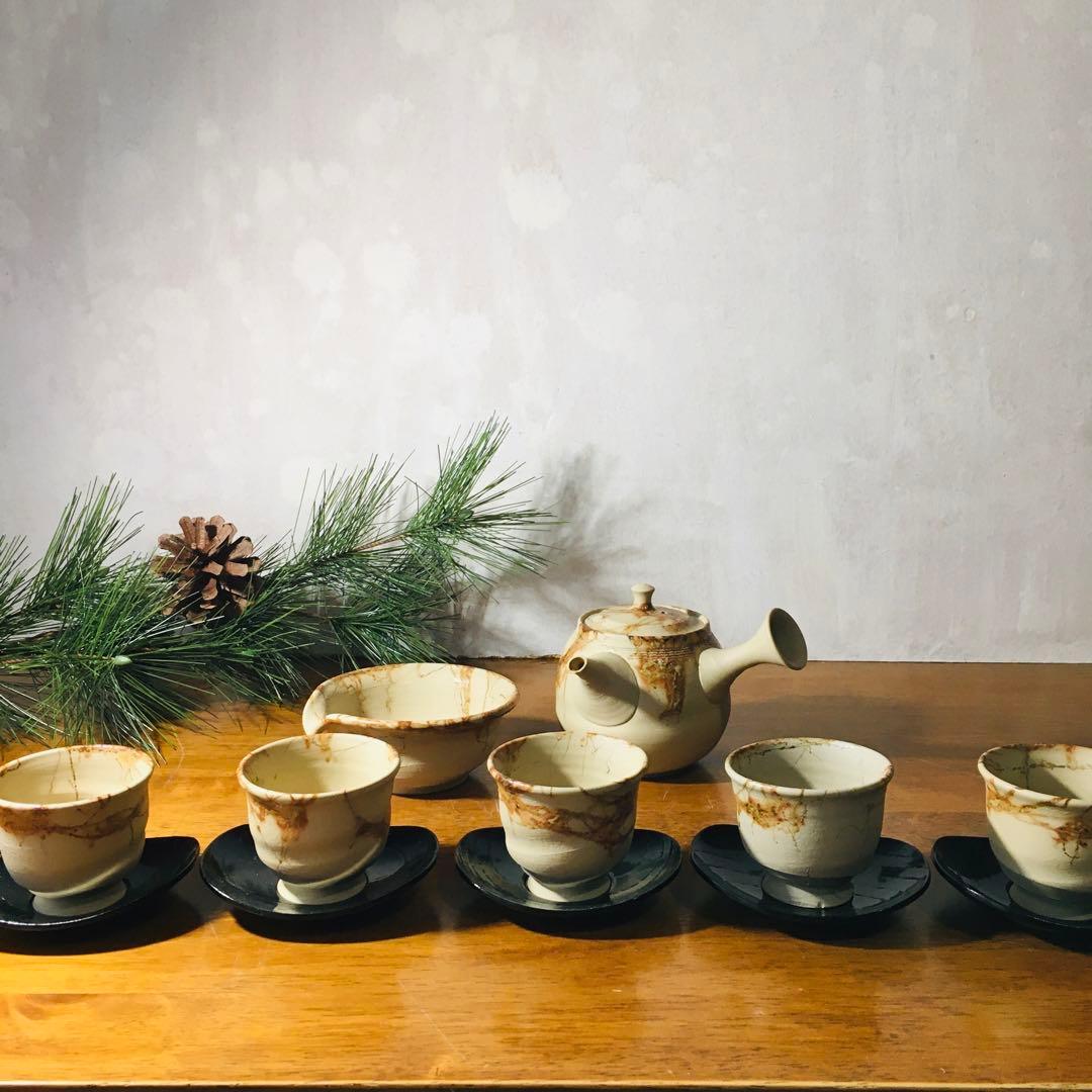 【新品未使用品】常滑焼 　谷川仁　白泥藻掛　煎茶器揃　茶托付き　共箱なし