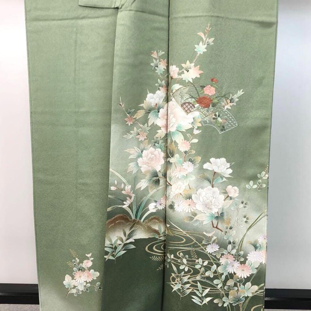 MK-1433 付下げ 汕頭刺繍 刺繍 流水に花模様 金彩 金糸 灰緑色