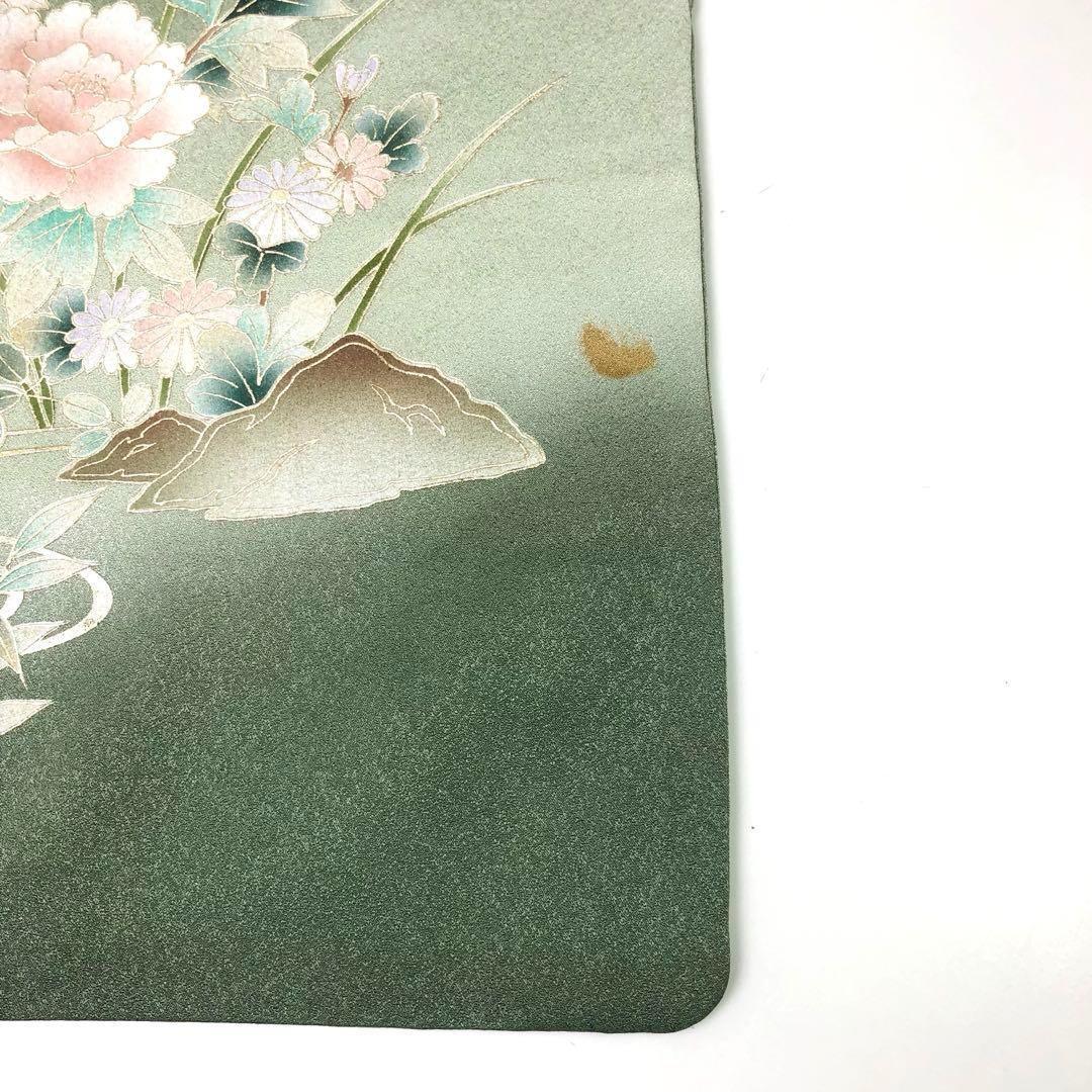 MK-1433 付下げ 汕頭刺繍 刺繍 流水に花模様 金彩 金糸 灰緑色