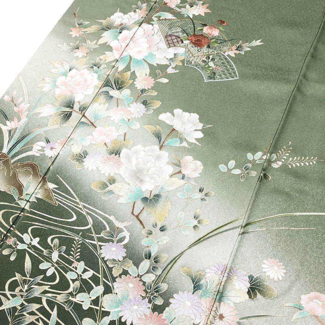 MK-1433 付下げ 汕頭刺繍 刺繍 流水に花模様 金彩 金糸 灰緑色