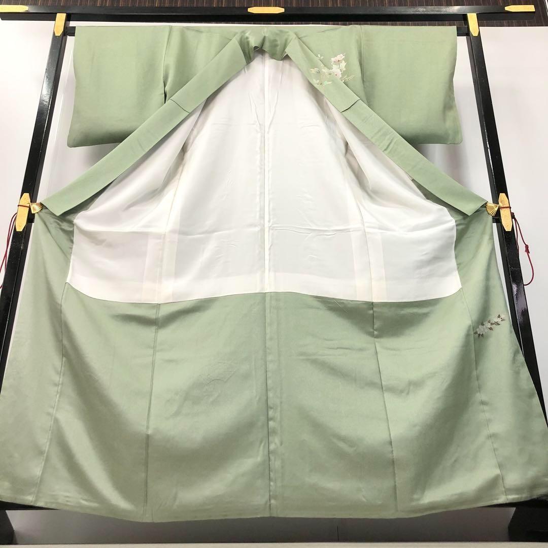 MK-1433 付下げ 汕頭刺繍 刺繍 流水に花模様 金彩 金糸 灰緑色