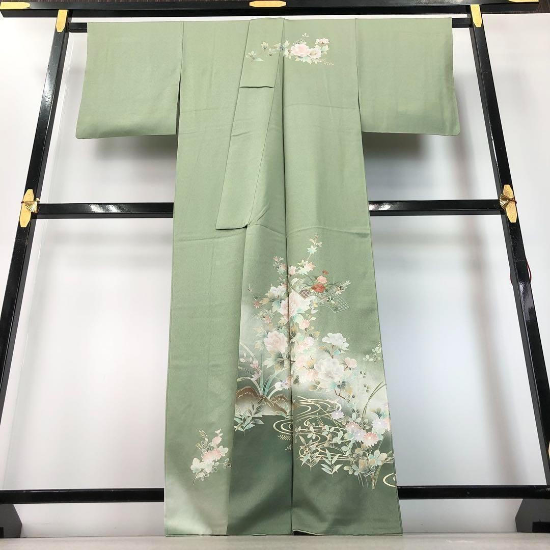 MK-1433 付下げ 汕頭刺繍 刺繍 流水に花模様 金彩 金糸 灰緑色