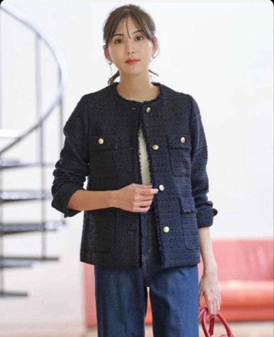 any SiS ツイードノーカラーミドルジャケット　カットソー　コート