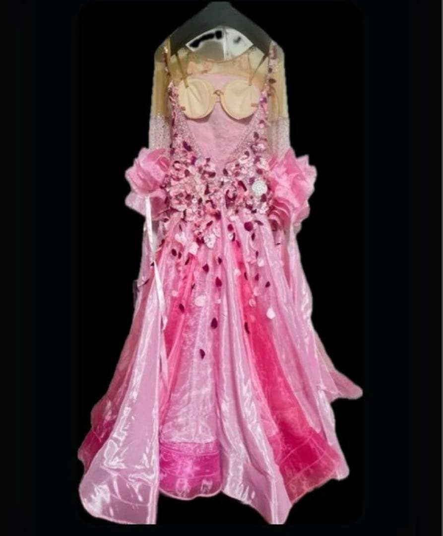 社交ダンスドレス 長袖 スタンダード ピンク フラワー装飾